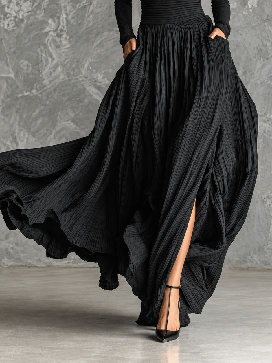 Luna | Conjunto negro elegante de cuello alto y falda fluida - LolaLenz™