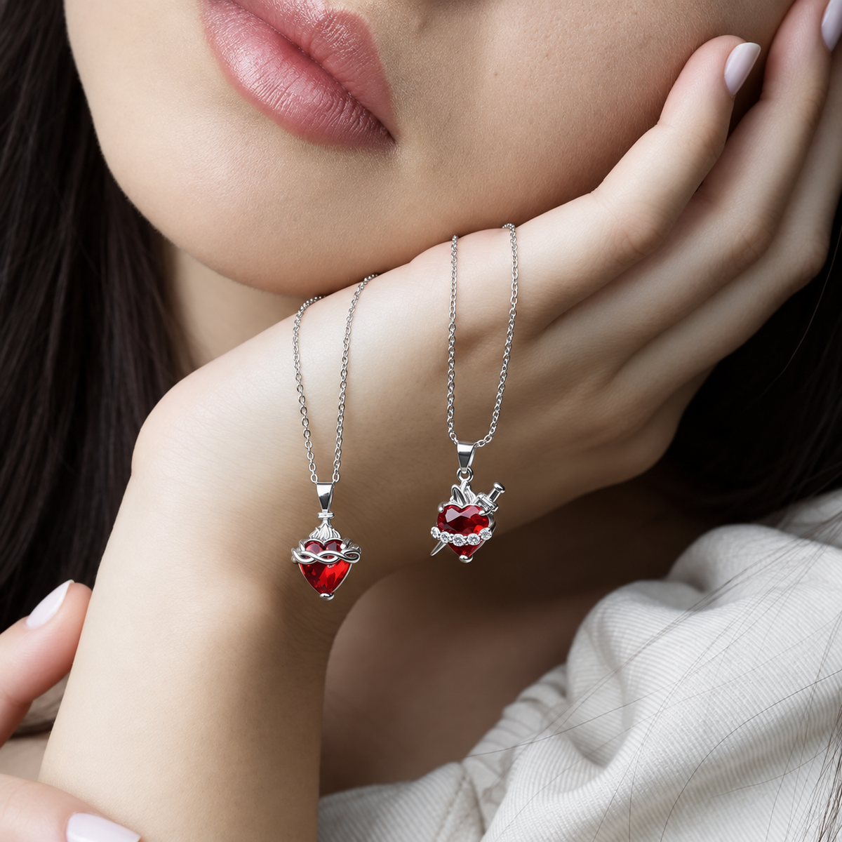 Kit de Collares Sagrado Corazón — Jesús y María (Plata) - LolaLenz™
