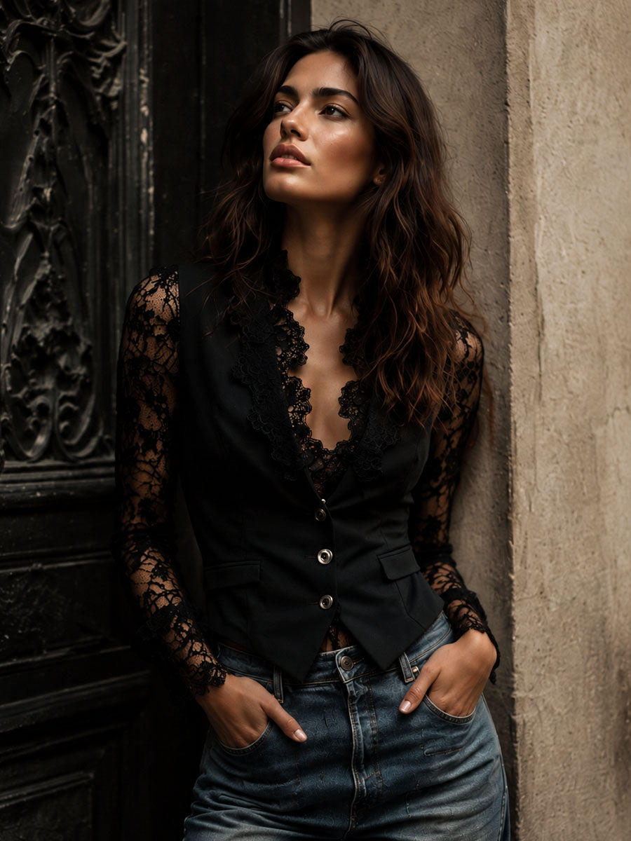 Victoria | Blazer negro con mangas semitransparentes - LolaLenz™