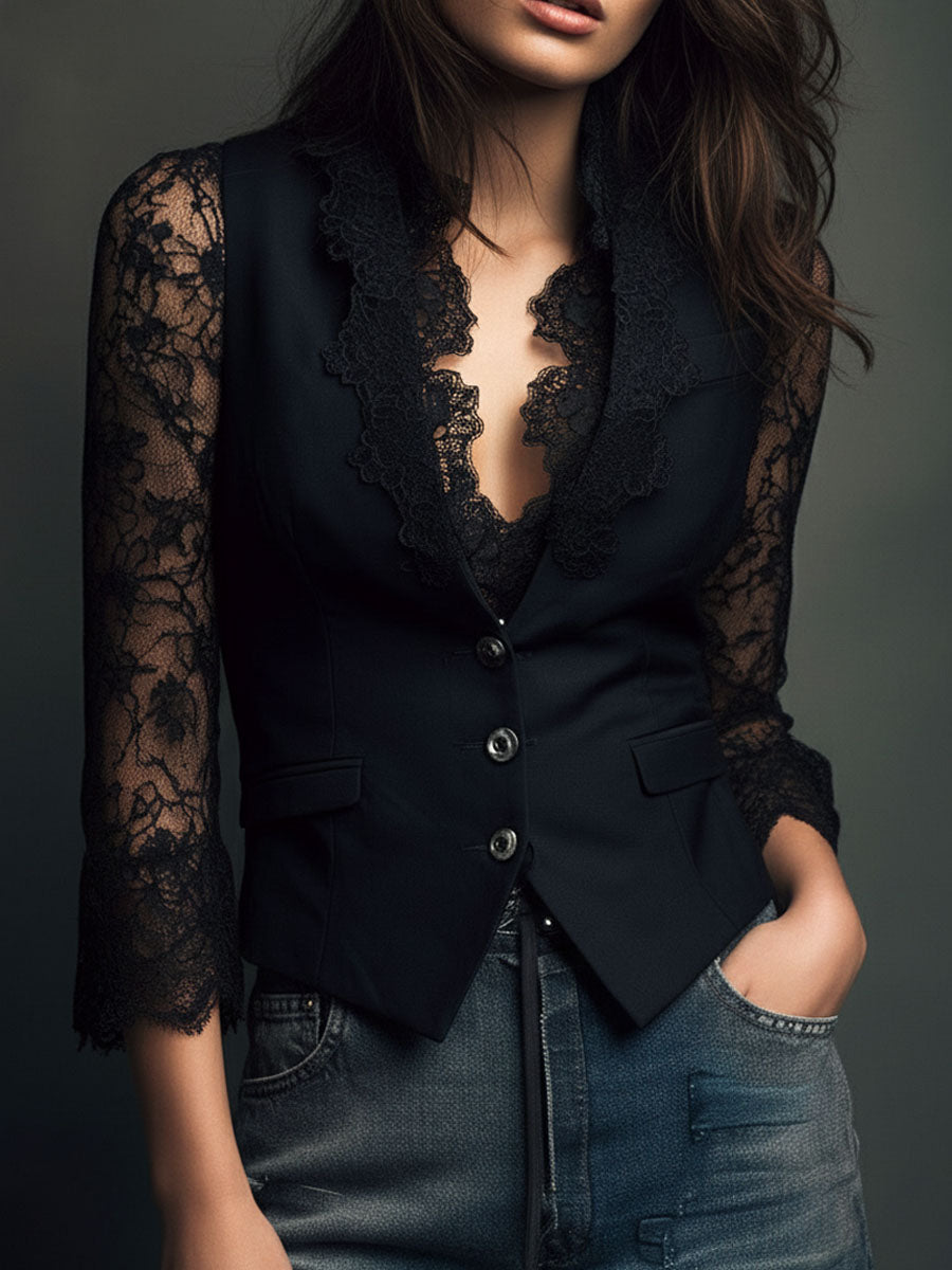 Victoria | Blazer negro con mangas semitransparentes - LolaLenz™