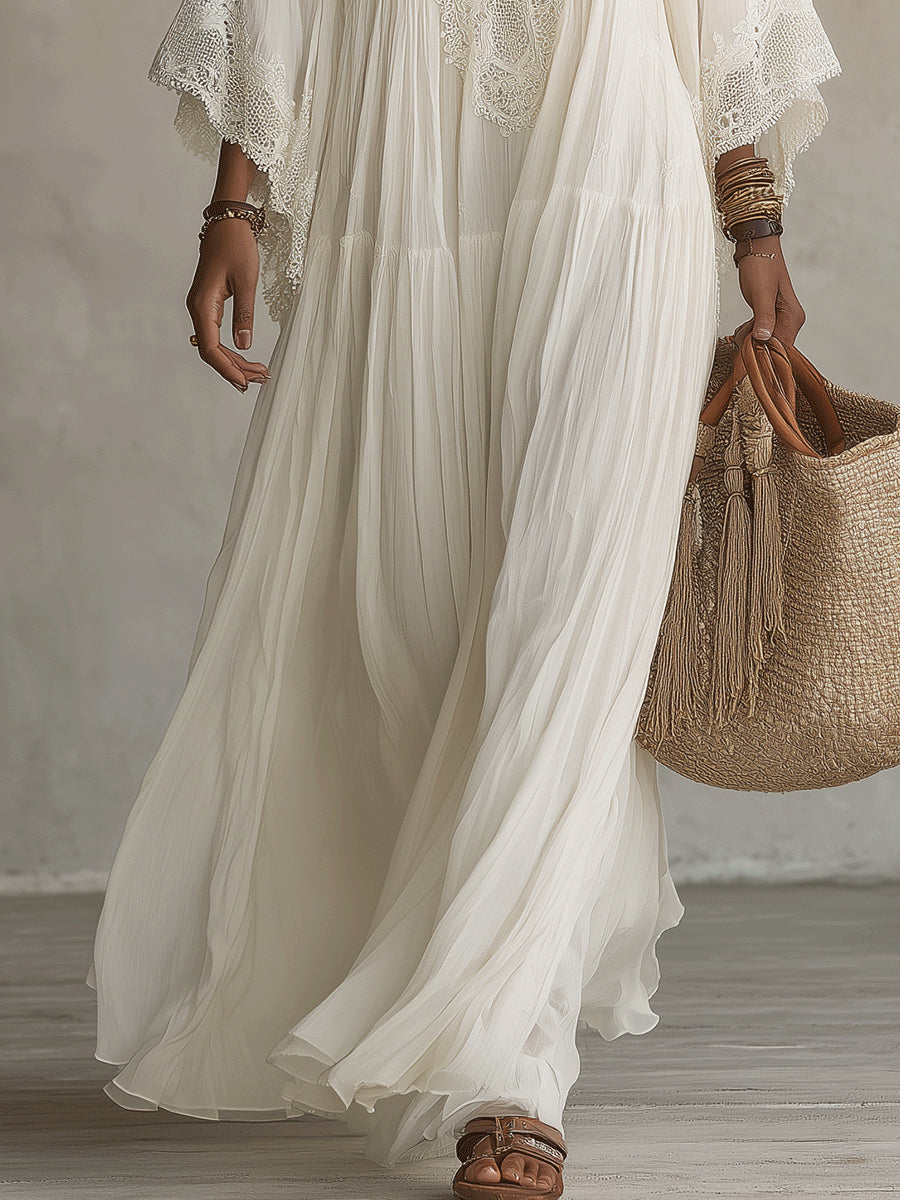 Adelaida | Vestido largo marfil con encaje - LolaLenz™