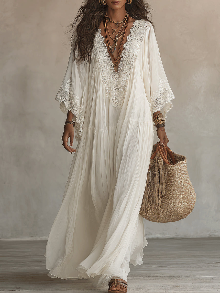 Adelaida | Vestido largo marfil con encaje - LolaLenz™