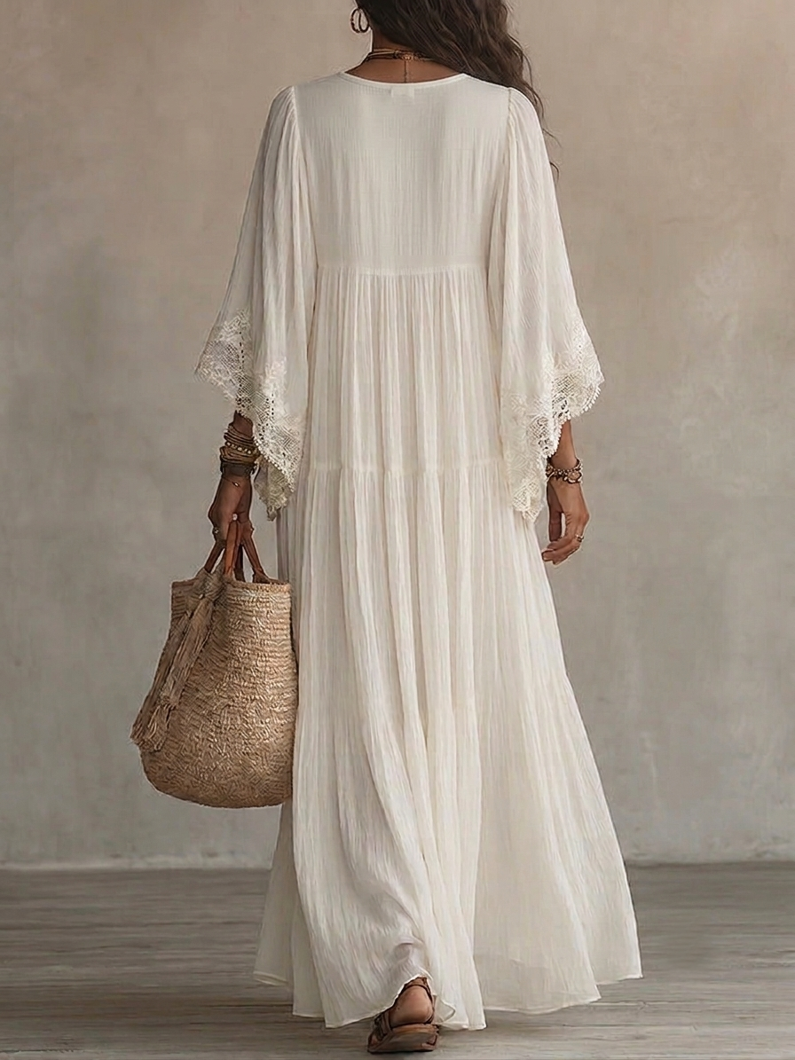 Adelaida | Vestido largo marfil con encaje - LolaLenz™