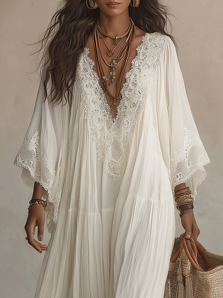 Adelaida | Vestido largo marfil con encaje - LolaLenz™