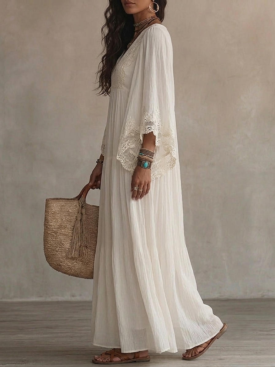 Adelaida | Vestido largo marfil con encaje - LolaLenz™