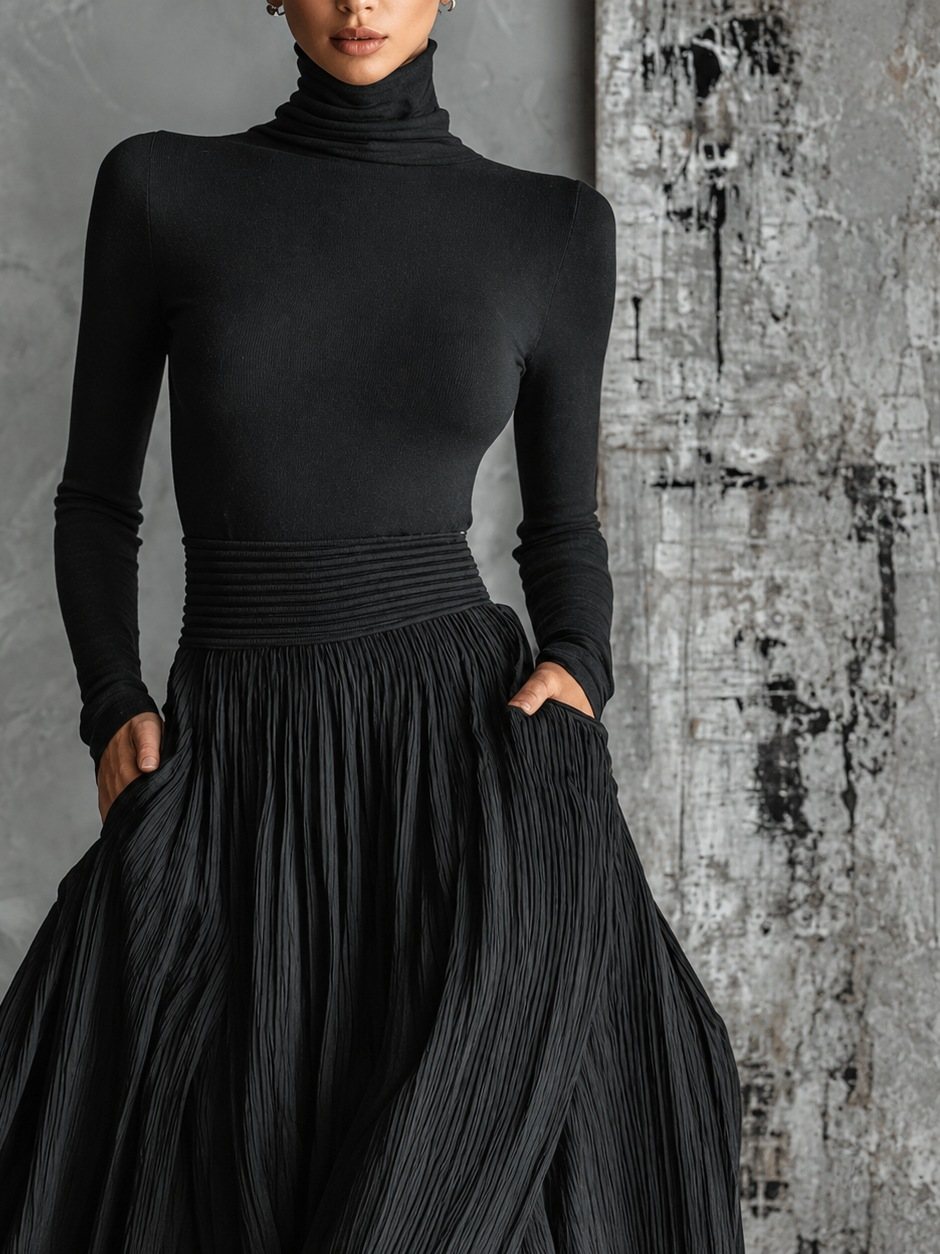 Luna | Conjunto negro elegante de cuello alto y falda fluida - LolaLenz™