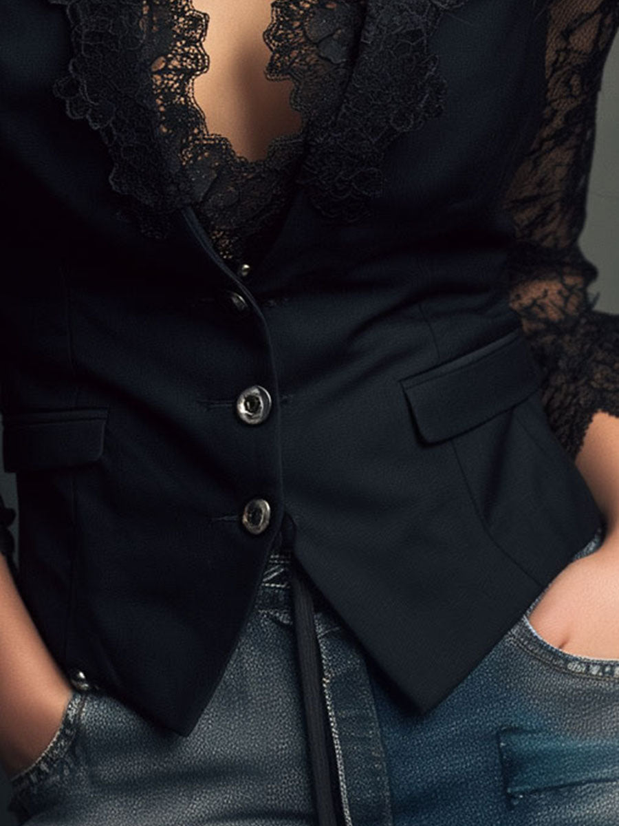 Victoria | Blazer negro con mangas semitransparentes - LolaLenz™