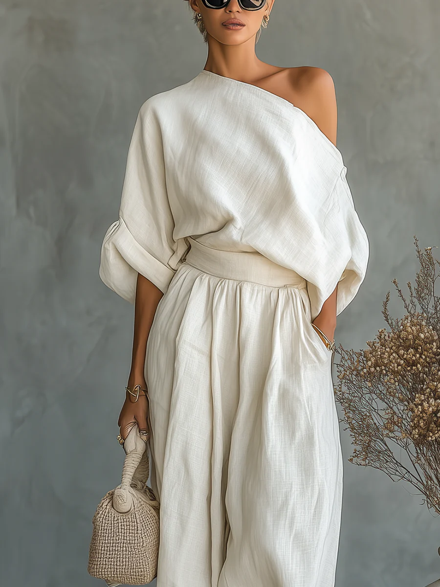Capri | Conjunto crema de un hombro y pantalón fluido - LolaLenz™
