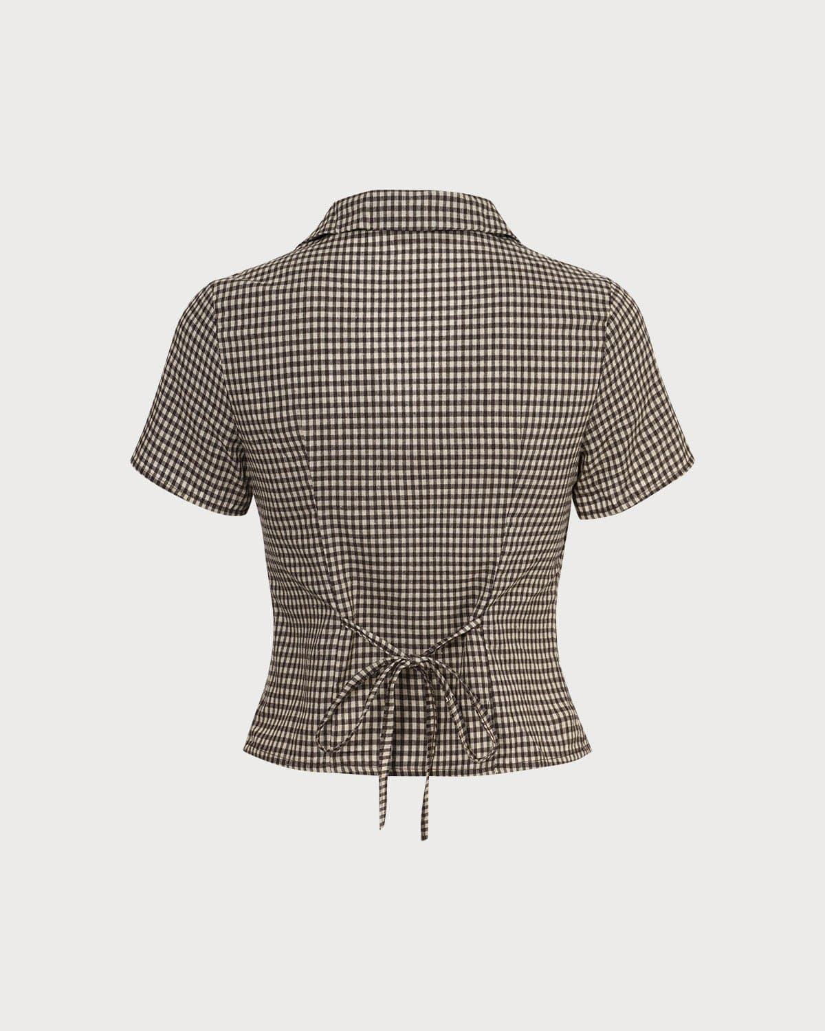 Inés | Blusa vichy de manga corta con solapa marrón - LolaLenz™