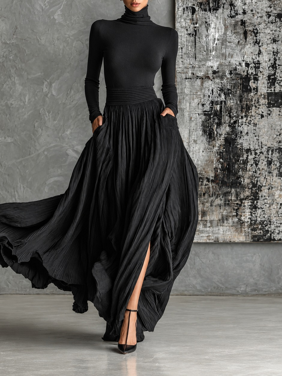 Luna | Conjunto negro elegante de cuello alto y falda fluida - LolaLenz™
