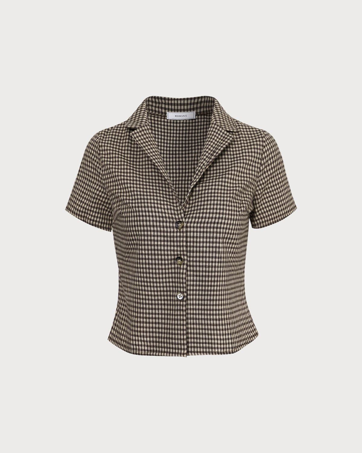 Inés | Blusa vichy de manga corta con solapa marrón - LolaLenz™