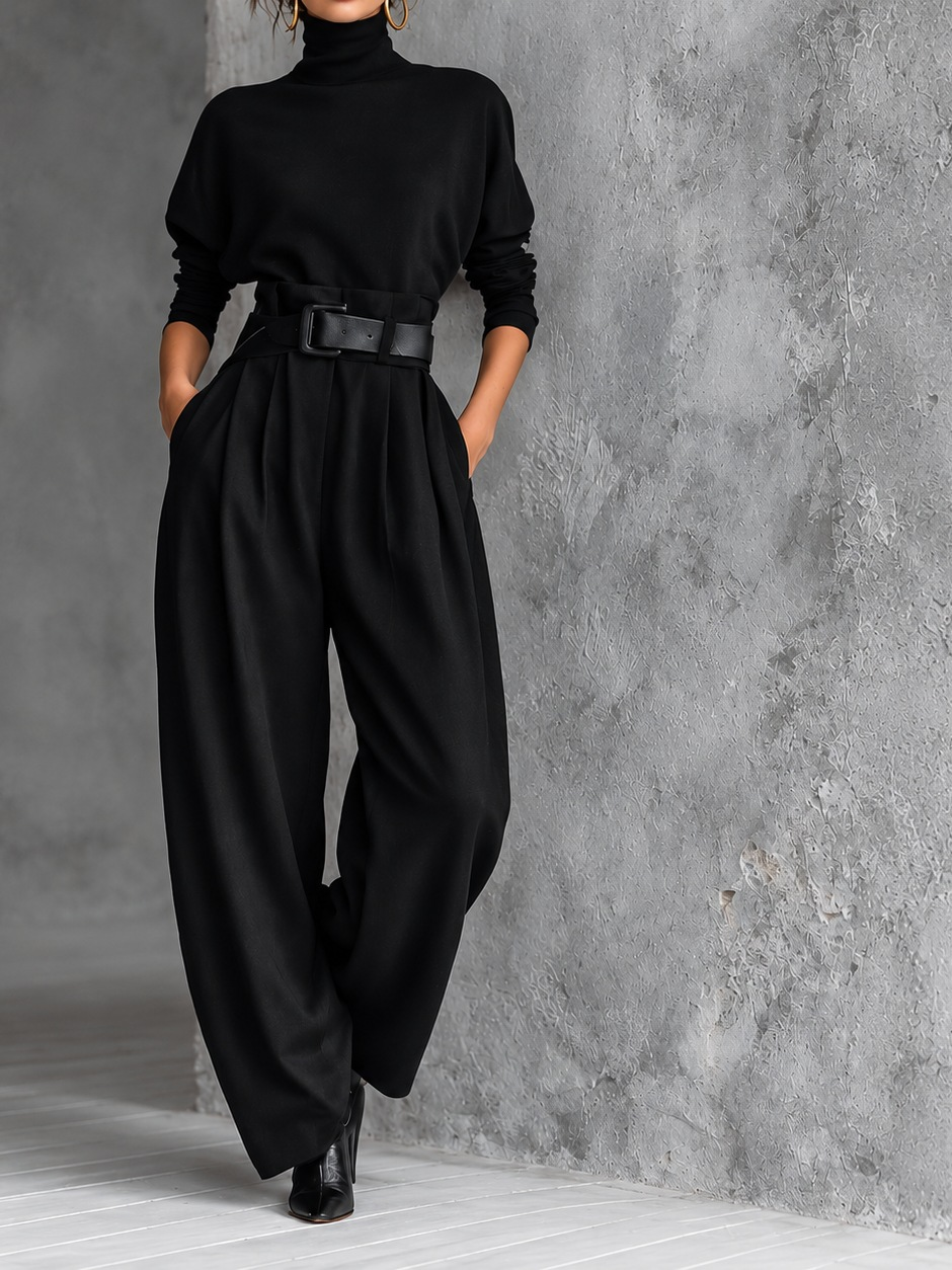 Andrea | Conjunto negro elegante de cuello alto y pantalón fluido - LolaLenz™