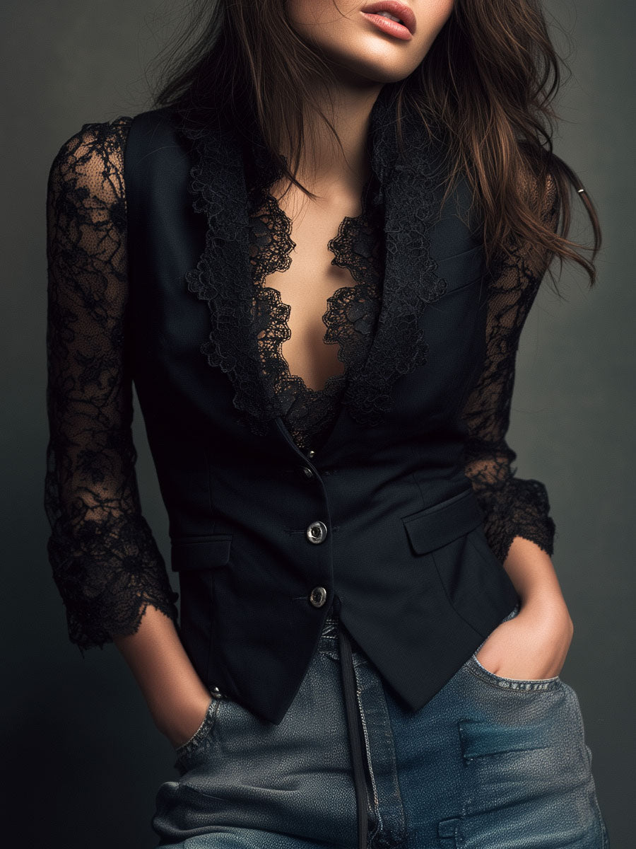 Victoria | Blazer negro con mangas semitransparentes - LolaLenz™