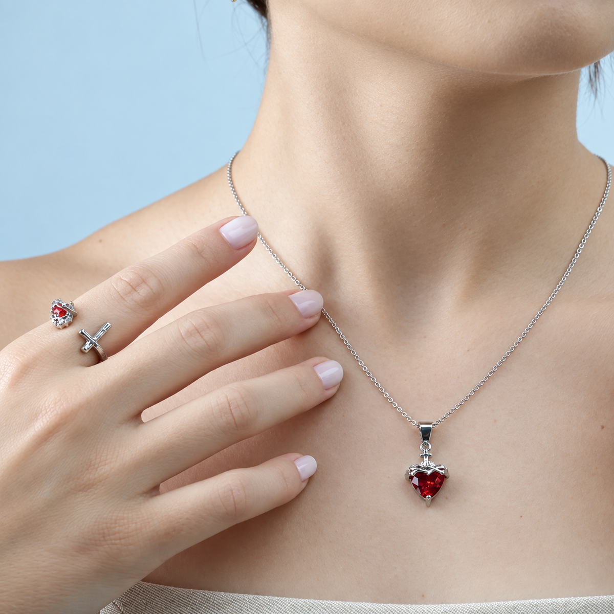 Kit de Collares Sagrado Corazón — Jesús y María (Plata) - LolaLenz™