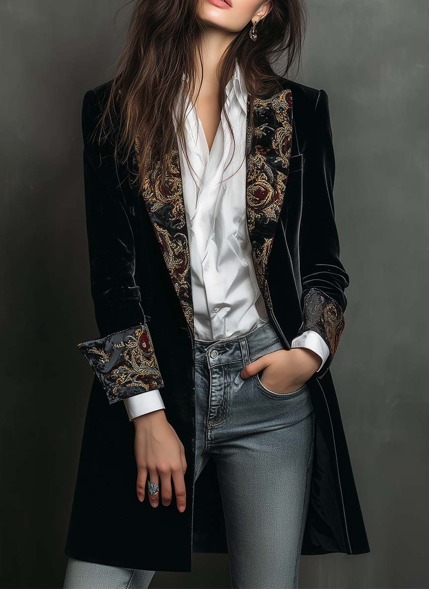 Cristina | Blazer entallado con estampado barroco negro - LolaLenz™