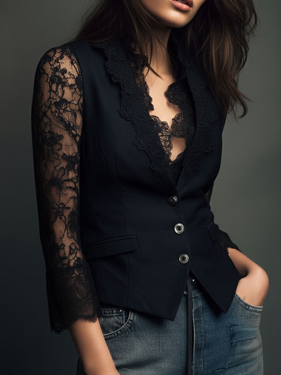 Victoria | Blazer negro con mangas semitransparentes - LolaLenz™