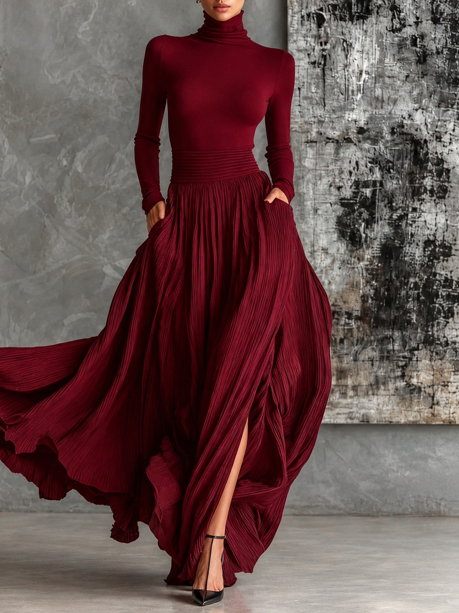 Luna | Conjunto negro elegante de cuello alto y falda fluida - LolaLenz™
