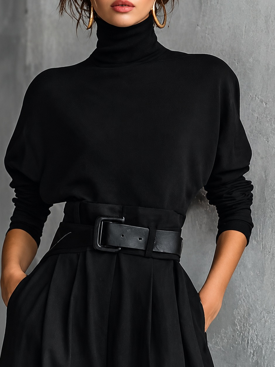 Andrea | Conjunto negro elegante de cuello alto y pantalón fluido - LolaLenz™