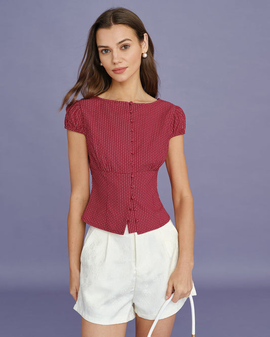 Rocío | Blusa de cuadros con escote barco roja - LolaLenz™
