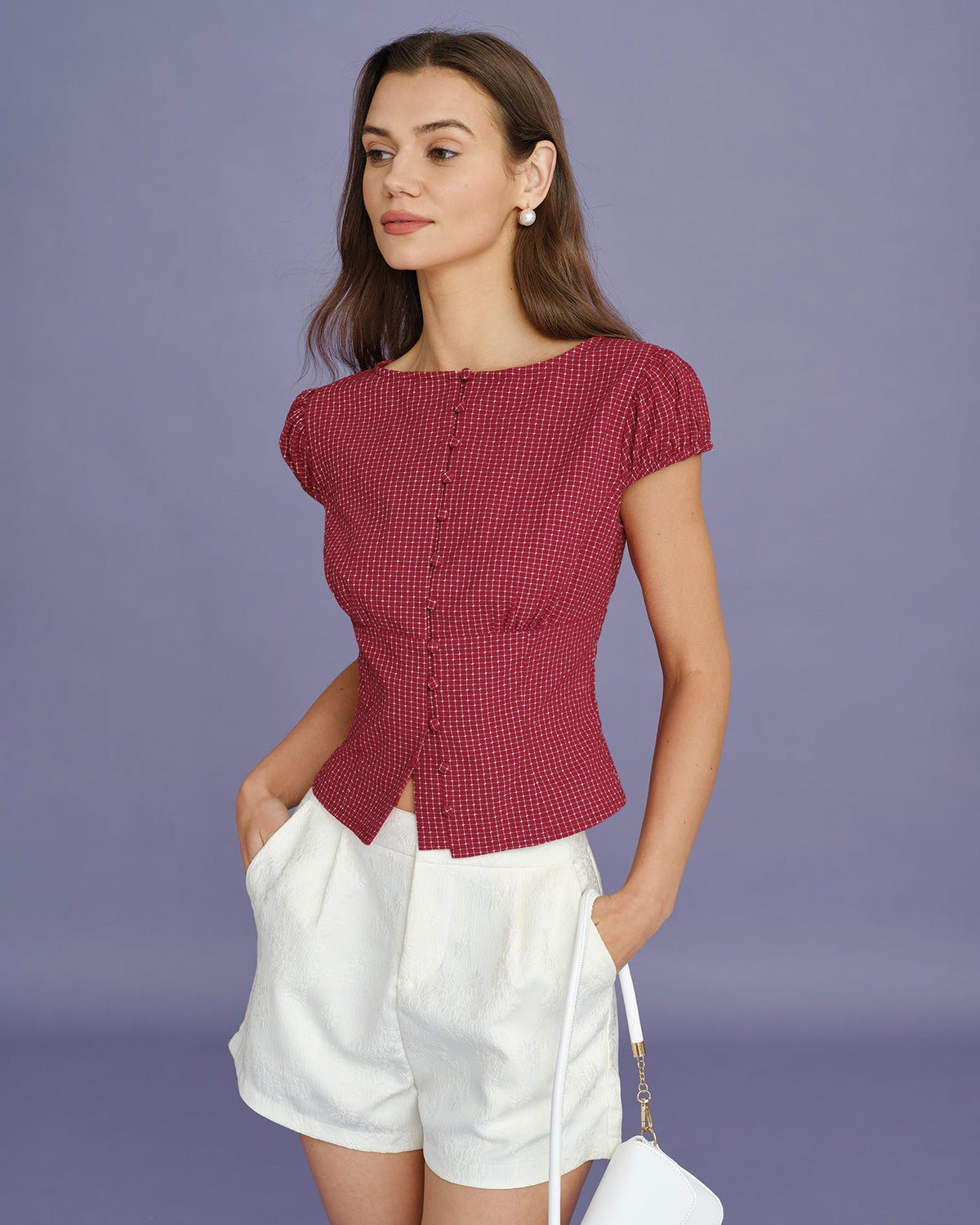 Rocío | Blusa de cuadros con escote barco roja - LolaLenz™