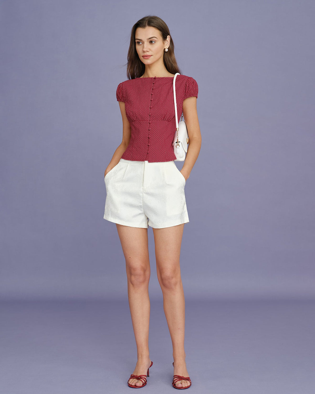 Rocío | Blusa de cuadros con escote barco roja - LolaLenz™
